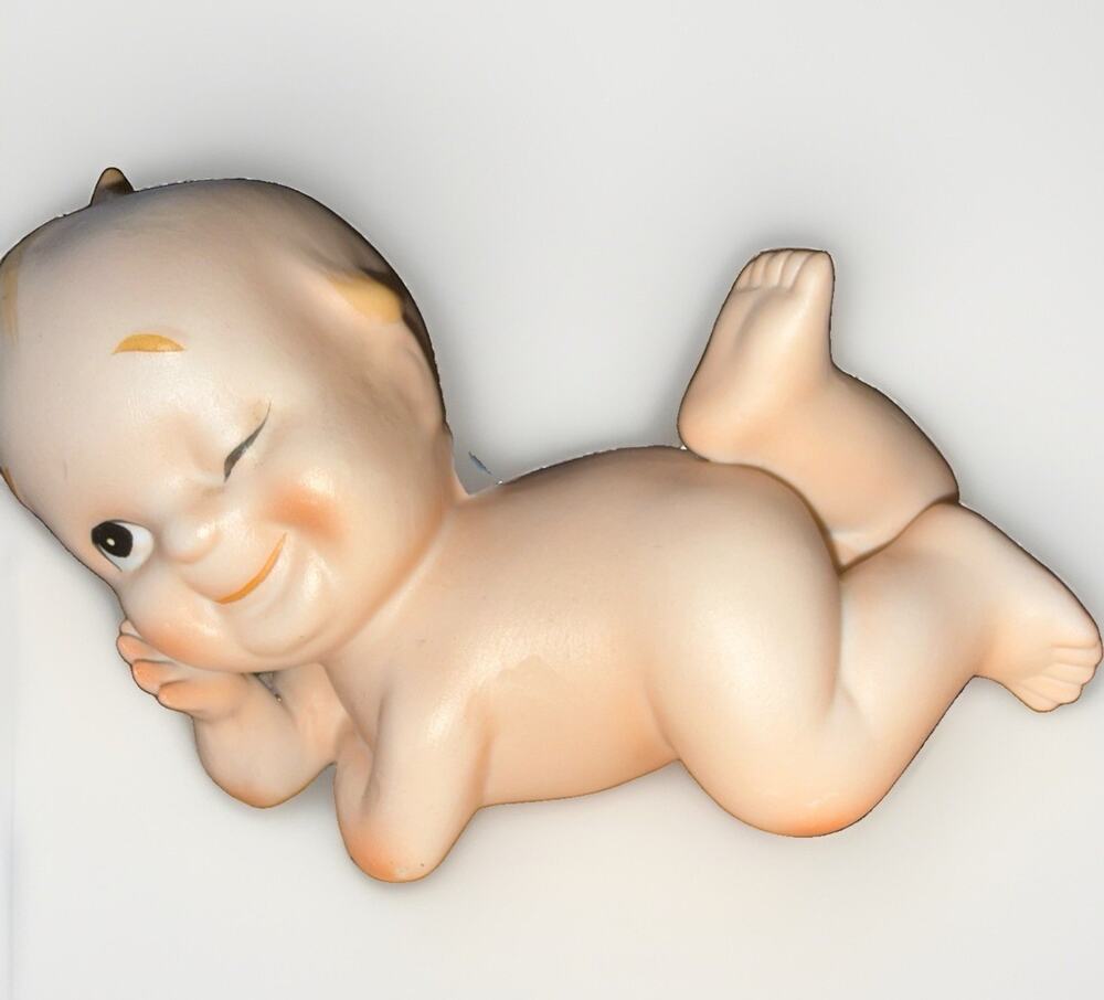 Vintage Lefton Kewpie Doll Fingurine Bisque Blue Wing Winking KW223N 4.5”
